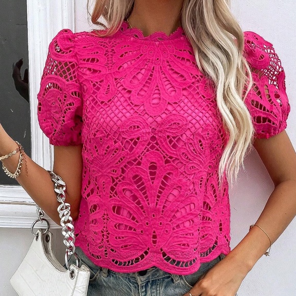 Classic Tan Lace Puff Sleeve Blouse - Picture 3 of 6